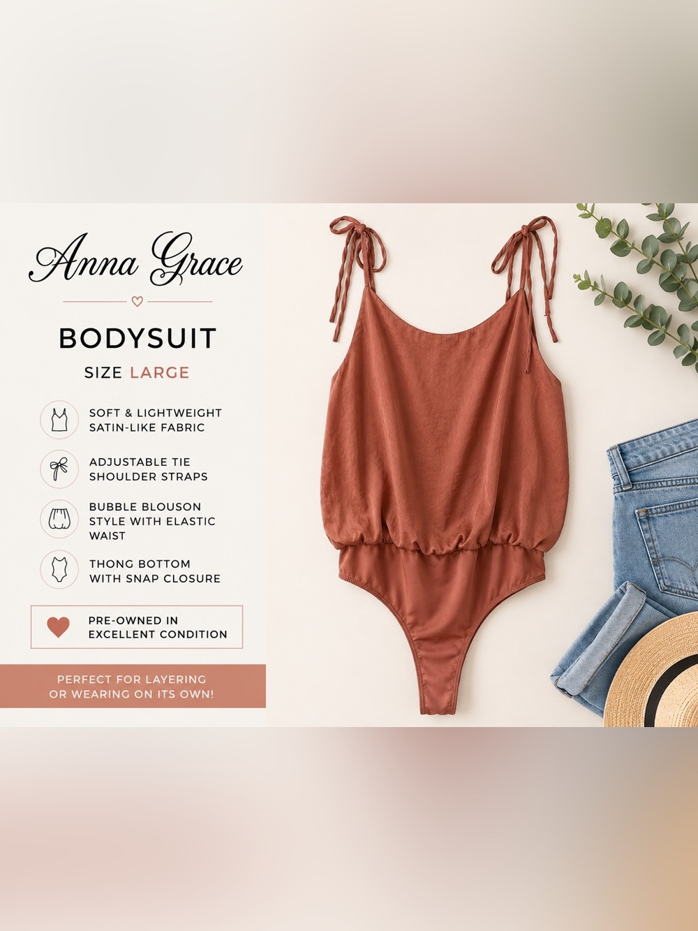 Anna Grace Rust Tie-Shoulder Bodysuit